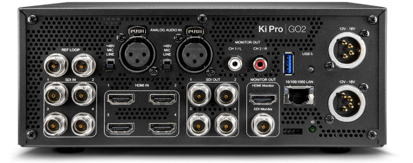 AJA Ki Pro GO2 bagpanel med 3G-SDI og HDMI indgange og XLR-audio