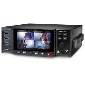 AJA Ki Pro GO2 optager set i vinkel med aktiv LCD-skrm og fire USB-porte p fronten