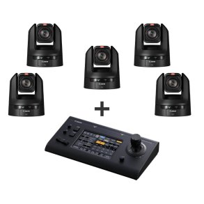 Bundle med fem sorte Canon CR-N100 PTZ kameraer og Canon RC-IP100 controller set forfra