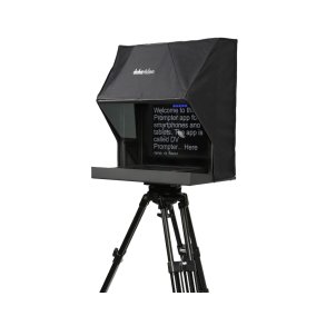 Datavideo TP-900 teleprompter til PTZ-kamera med monteret spejlglas og skrm, set i profil.
